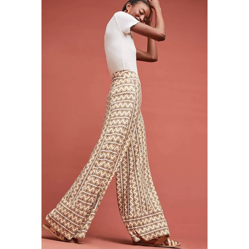 Farm Rio Anthropologie Wide Leg Pants Size M Tan Geometric Knit Pull On Boho - Picture 2 of 14